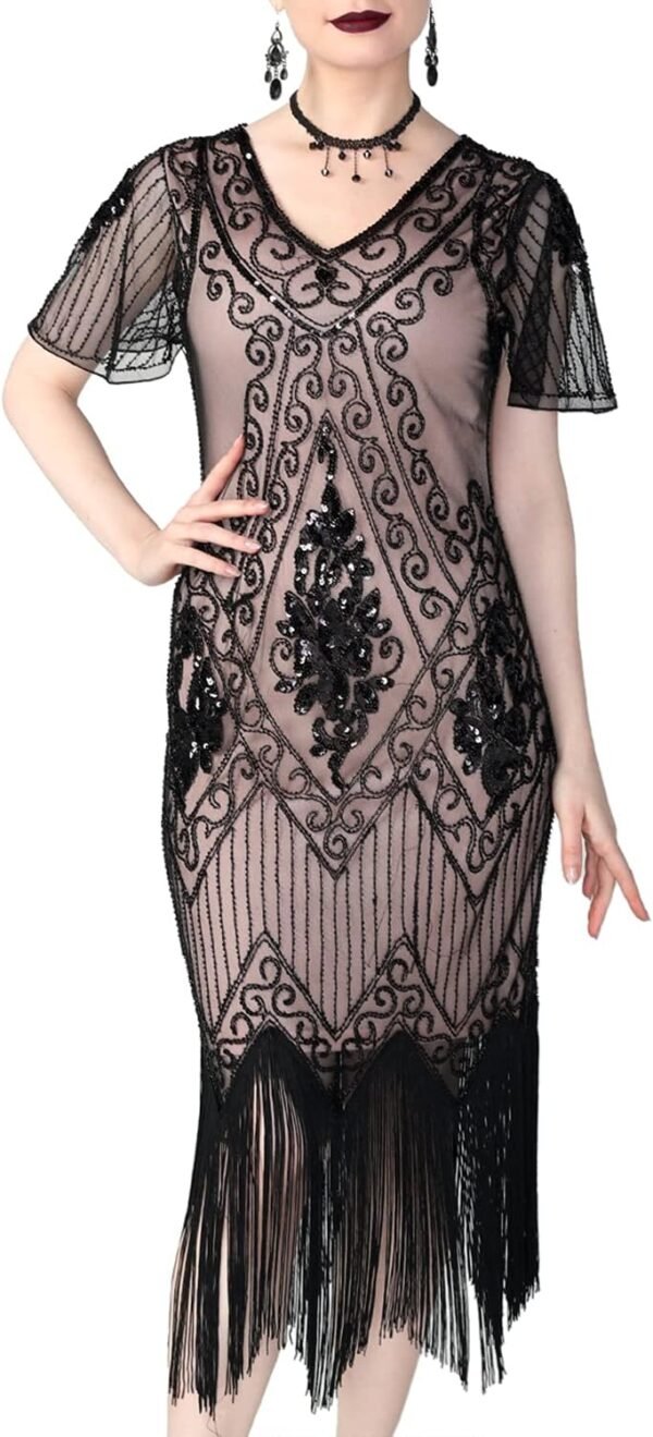 Women's 1920s Dress Sequin Art Deco Flapper Dress with Sleeve