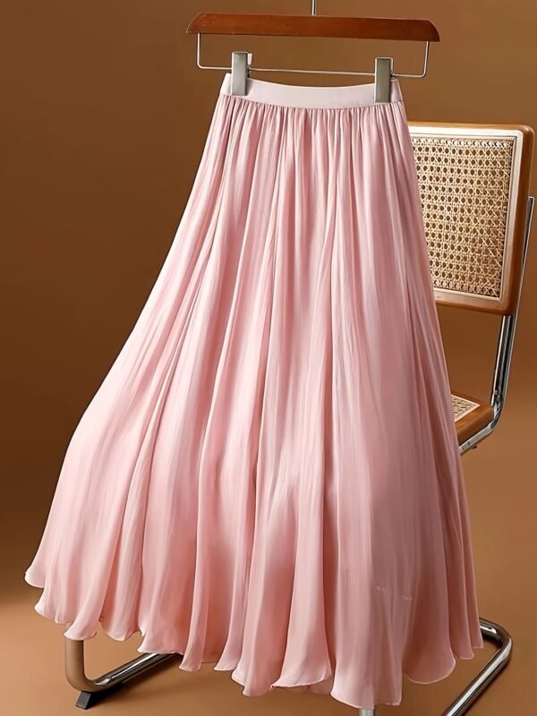 Solid Color Elastic Wais Skirt, Elegant Midi A-line Skirt For Spring & Summer, Women's Clothing