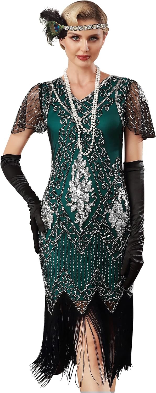 Women's 1920s Dress Sequin Art Deco Flapper Dress with Sleeve