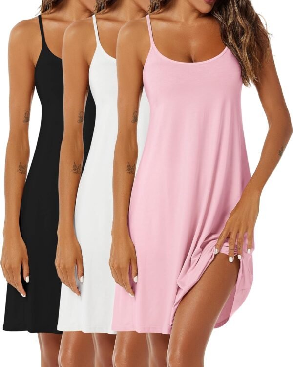 3 Pcs Women's Sleeveless Nightgown, Scoop Neck Pajama Dress Racerback Sleep Dress Sleeveless Nightdress Chemise