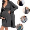 Womens Maternity Set Nursing Nightgown and Robe Set 3 in 1 Labor Delivery Nursing Gown Breastfeeding Robe Set