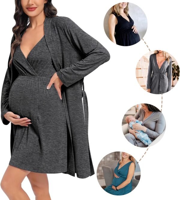Womens Maternity Set Nursing Nightgown and Robe Set 3 in 1 Labor Delivery Nursing Gown Breastfeeding Robe Set