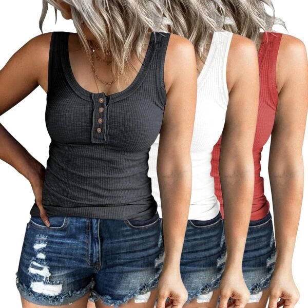 3 Pack Women Tank Tops Ribbed Summer Casual Sleeveless Basic Cami Top Slim Henley Button Down Blouses