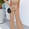 Women's Summer 2 Piece Outfits 2024 Cap Sleeve V Neck Belted Crop Tops Wide Leg Pant Sets Casual Tracksuit
