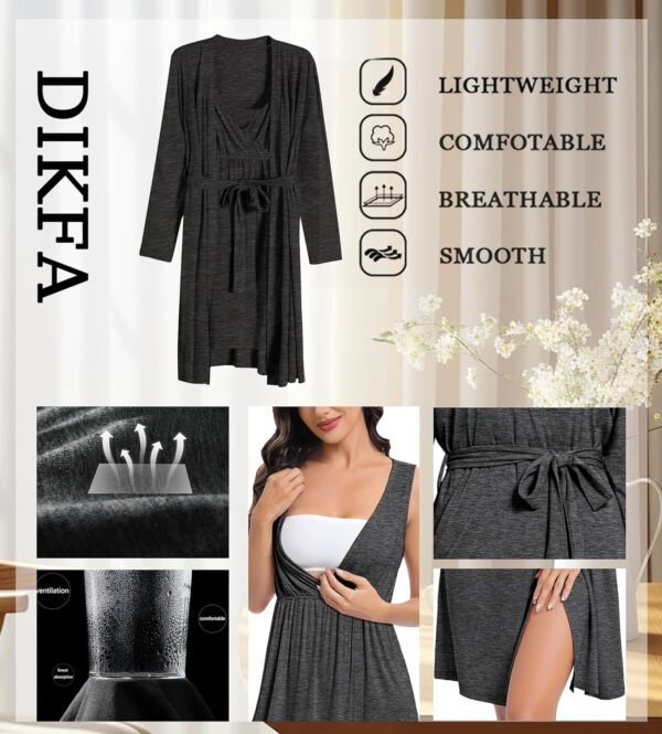 Womens Maternity Set Nursing Nightgown and Robe Set 3 in 1 Labor Delivery Nursing Gown Breastfeeding Robe Set