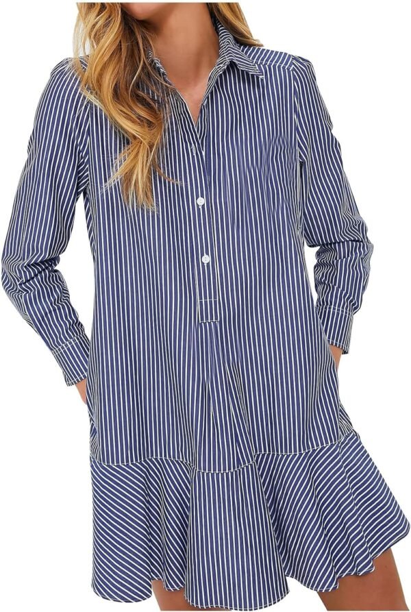 Women's Tunic Mini Shirt Dress Cotton Long Sleeve Ruffle Hem Dress Button Up Shift Chambray Dresses