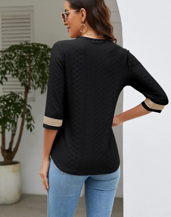Women's Casual 3/4 Sleeve Shirts Lace V Neck Color Block Dressy Tops Trendy Hollow Floral Blouses T Shirts S-XXL
