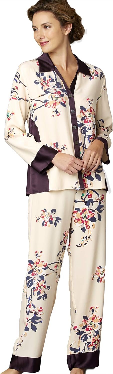 Women's 100% Silk Pajama, Jewel Garden Floral Print, Flattering Fit, Sleepwear, Lingerie