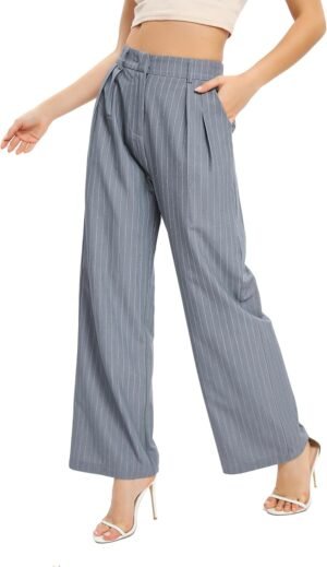 Women's Casual Striped High Waisted Wide Leg Pants Elastic Waist Loose Fit Trousers