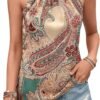 Women's Tropical Paisley Print Halter Blouse Sleeveless Boho Shirt Tops Button Back Vacation Tops