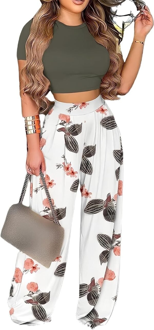 2 Piece Outfits for Women Casual Wide Leg Pants Set Outfits Sexy Front Crop Tops High Waist Jumpsuits Set