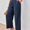 JASAMBAC Women's Capri Linen Wide Leg Pants Summer Boho Wide Leg Pants Smocked High-Rise Waist Casual Beach Pants with Pocket