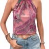 Women's Tropical Paisley Print Halter Blouse Sleeveless Boho Shirt Tops Button Back Vacation Tops
