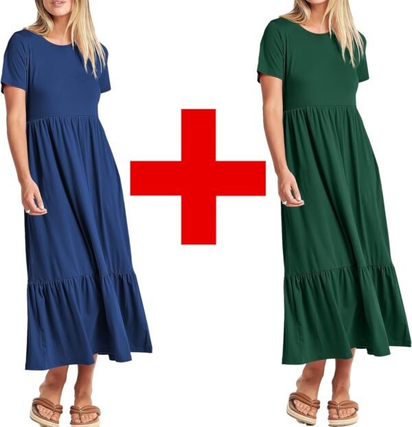 Womens Summer Dresses Casual Short Sleeve Crewneck Swing Dress Casual Tiered t Shirt Dress with Pockets 2024 Trendy Outfits
