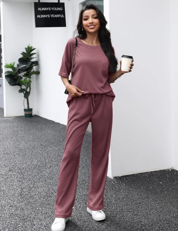 Womens Pajama Sets Waffle Knit Short Sleeve Shirt with Long Pajama Pants Soft Sleepwear Pj Lounge Sets