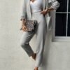 Elegant Solid Color Pants Set, Single Breasted Lapel Balzer & High Waist Straight Leg Pants, Women's Clothing