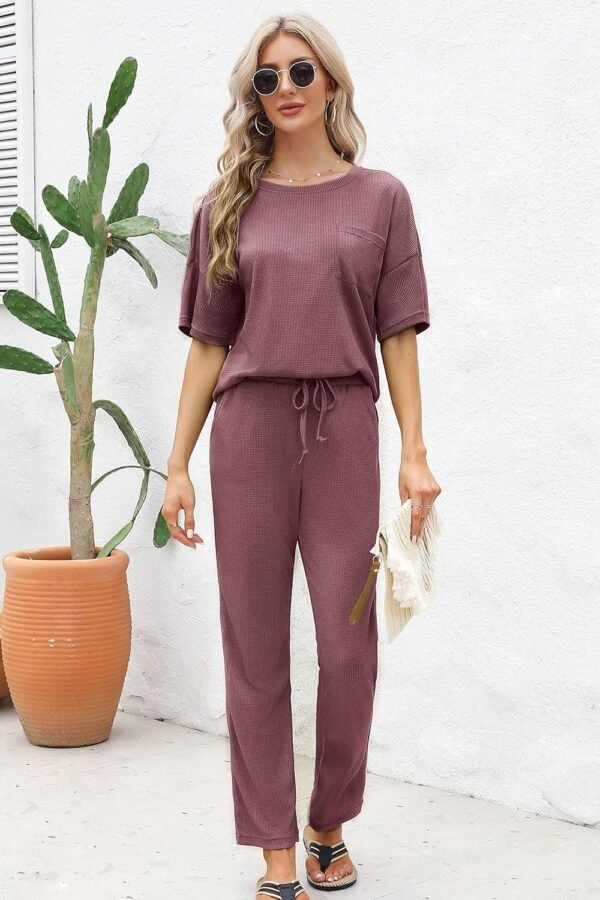 Womens Pajama Sets Waffle Knit Short Sleeve Shirt with Long Pajama Pants Soft Sleepwear Pj Lounge Sets