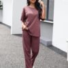 Womens Pajama Sets Waffle Knit Short Sleeve Shirt with Long Pajama Pants Soft Sleepwear Pj Lounge Sets
