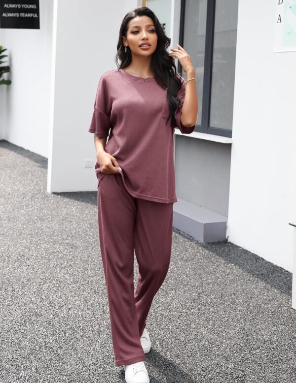 Womens Pajama Sets Waffle Knit Short Sleeve Shirt with Long Pajama Pants Soft Sleepwear Pj Lounge Sets