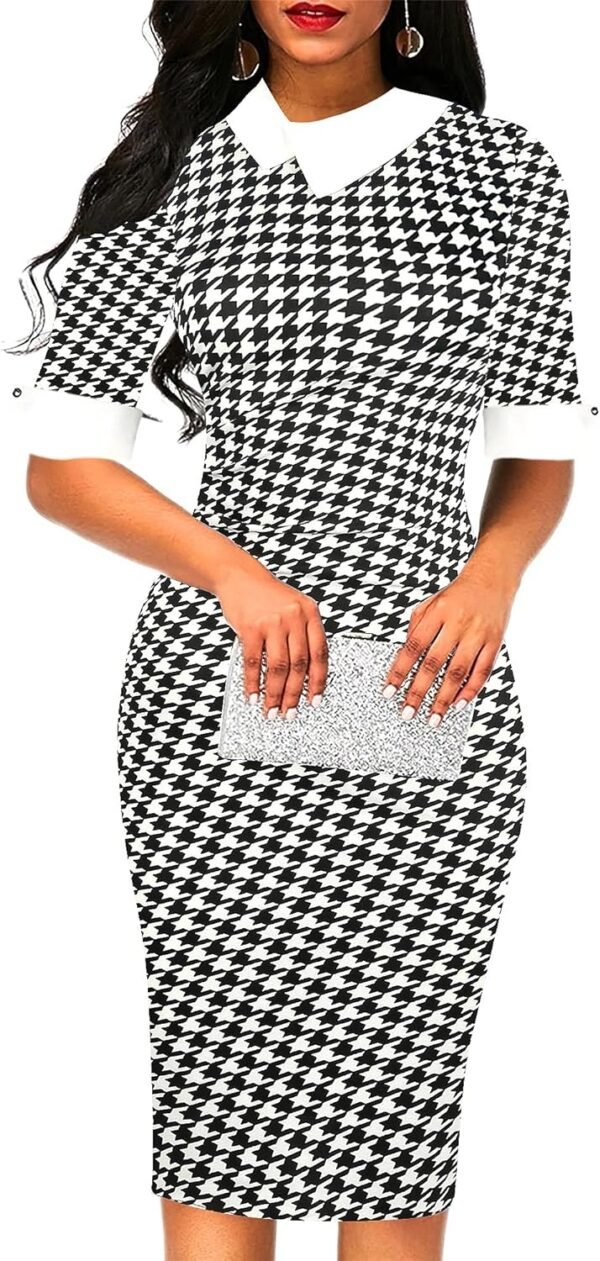 Women's Slim Fit Plaid Floral Printed Half Sleeve Formal Body-con Dress Pencil Dresses SK276