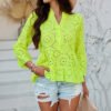 Spring/Summer Women’s Casual Vacation Style Solid Color Hollow-Out V-Neck 3/4 Sleeve Shirt