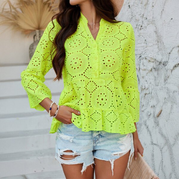 Spring/Summer Women’s Casual Vacation Style Solid Color Hollow-Out V-Neck 3/4 Sleeve Shirt