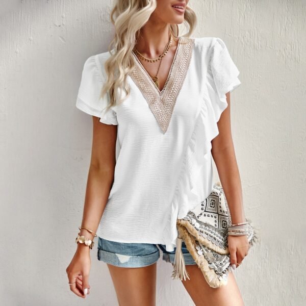 Short-Sleeve V-Neck Ruffle Blouse – 2023 Summer Elegant Office Wear