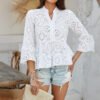 Spring/Summer Women’s Casual Vacation Style Solid Color Hollow-Out V-Neck 3/4 Sleeve Shirt