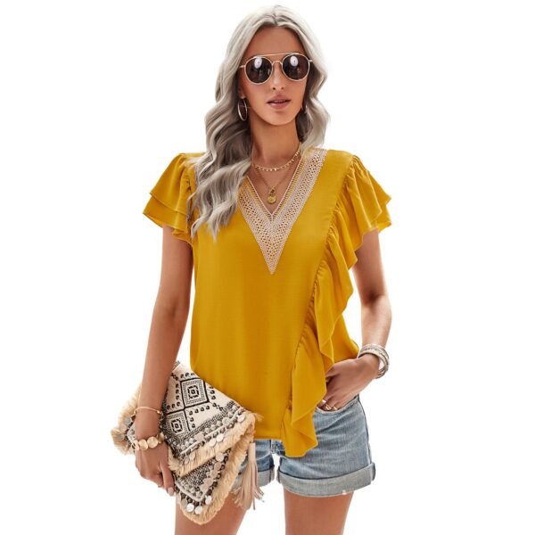 Short-Sleeve V-Neck Ruffle Blouse – 2023 Summer Elegant Office Wear