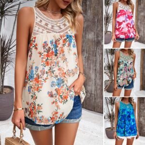2024 Spring/Summer Casual Sleeveless Round-Neck Floral Print Blouse