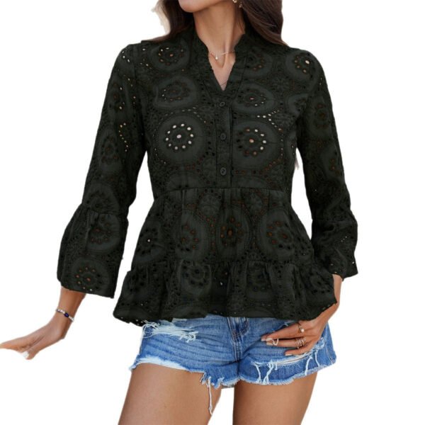 Spring/Summer Women’s Casual Vacation Style Solid Color Hollow-Out V-Neck 3/4 Sleeve Shirt