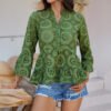 Spring/Summer Women’s Casual Vacation Style Solid Color Hollow-Out V-Neck 3/4 Sleeve Shirt