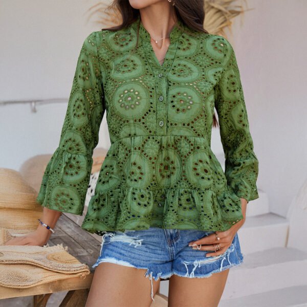 Spring/Summer Women’s Casual Vacation Style Solid Color Hollow-Out V-Neck 3/4 Sleeve Shirt