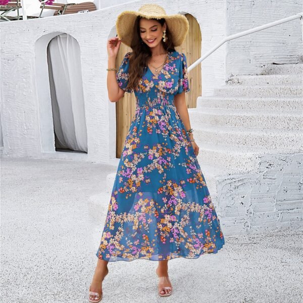 2025 Spring/Summer Elegant Floral Waist-Tie Short-Sleeve Dress