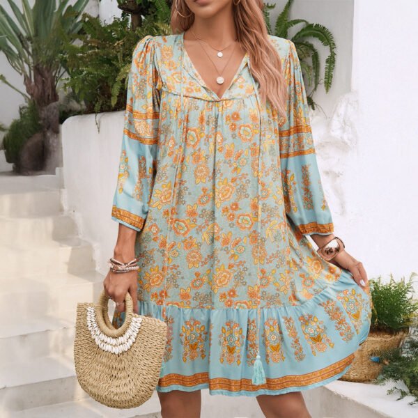 Spring/Summer Bohemian Vacation Rayon Floral Print V-Neck Dress for Women
