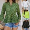 Spring/Summer Women’s Casual Vacation Style Solid Color Hollow-Out V-Neck 3/4 Sleeve Shirt