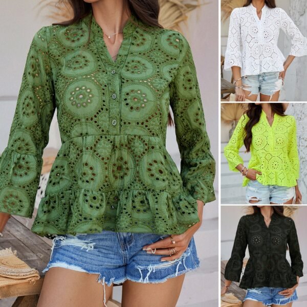 Spring/Summer Women’s Casual Vacation Style Solid Color Hollow-Out V-Neck 3/4 Sleeve Shirt