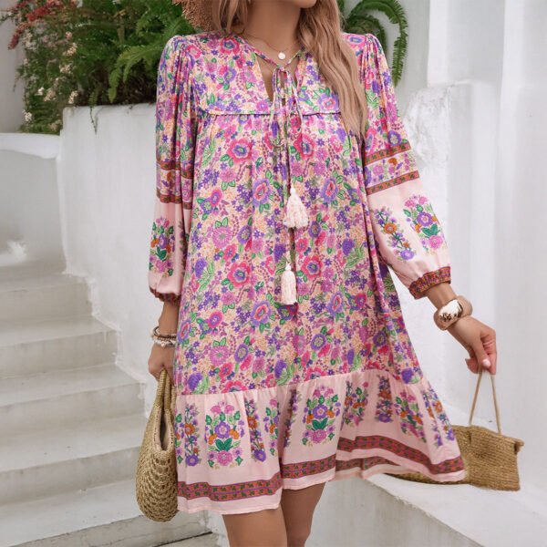 Spring/Summer Bohemian Vacation Rayon Floral Print V-Neck Dress for Women