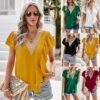 Short-Sleeve V-Neck Ruffle Blouse – 2023 Summer Elegant Office Wear