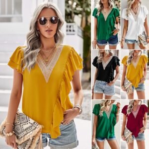 Short-Sleeve V-Neck Ruffle Blouse – 2023 Summer Elegant Office Wear