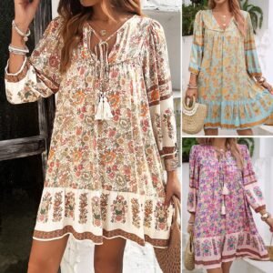 Spring/Summer Bohemian Vacation Rayon Floral Print V-Neck Dress for Women