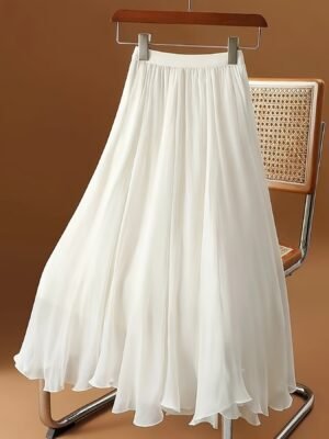 Solid Color Elastic Wais Skirt, Elegant Midi A-line Skirt For Spring & Summer, Women's Clothing