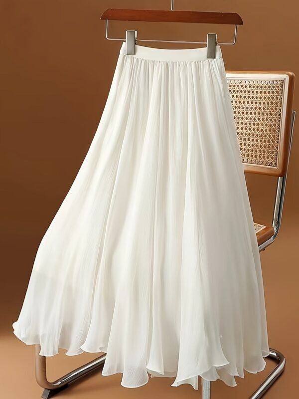 Solid Color Elastic Wais Skirt, Elegant Midi A-line Skirt For Spring & Summer, Women's Clothing