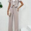 Solid Color Botton Two Piece Blazer Set, Elegant Lapel Long Sleeve Blazer ＆ Pants For Office & Work, Women's Clothing
