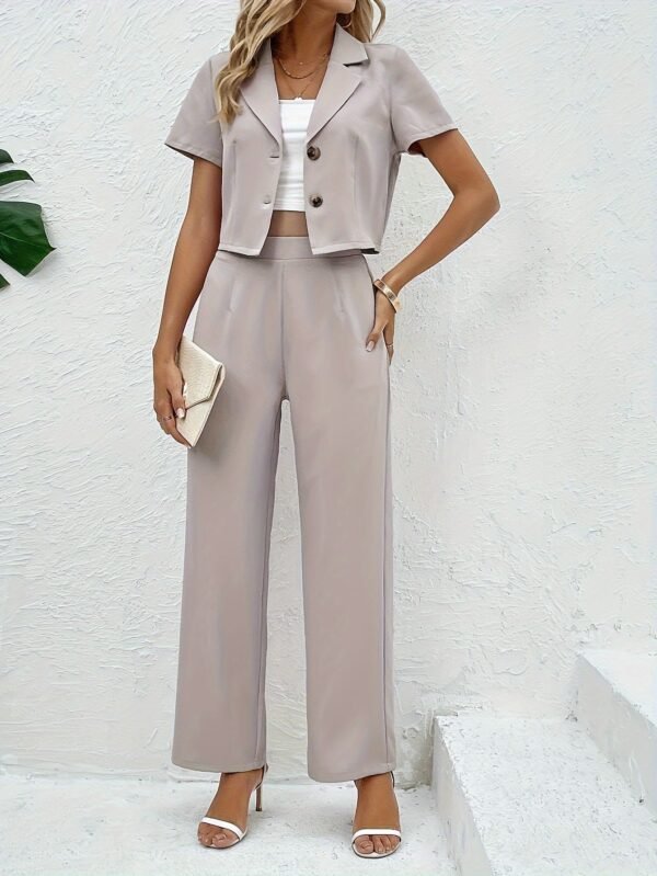 Solid Color Botton Two Piece Blazer Set, Elegant Lapel Long Sleeve Blazer ＆ Pants For Office & Work, Women's Clothing