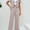 Solid Color Botton Two Piece Blazer Set, Elegant Lapel Long Sleeve Blazer ＆ Pants For Office & Work, Women's Clothing