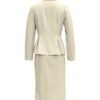 Solid Color Elegant Skirt Suit, Single Button Lapel Collar Long Sleeve Outwear & Split Hem Skirt Outfits, Women's Clothing