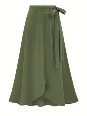 Solid Ruffle Hem Skirts, Elegant High Waist Tied Midi Skirts, Women's Clothing