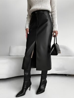 Plus Size Pu Leather Split Front Skirt, Elegant Slant Pocket Midi Skirt For Spring & Summer, Women's Plus Size Clothing