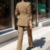 Solid Color Elegant Office & Work Pants Set, Belt Long Sleeve Lapel Neck Blazer & Straight Leg Pants Outfits, Women's Clothing